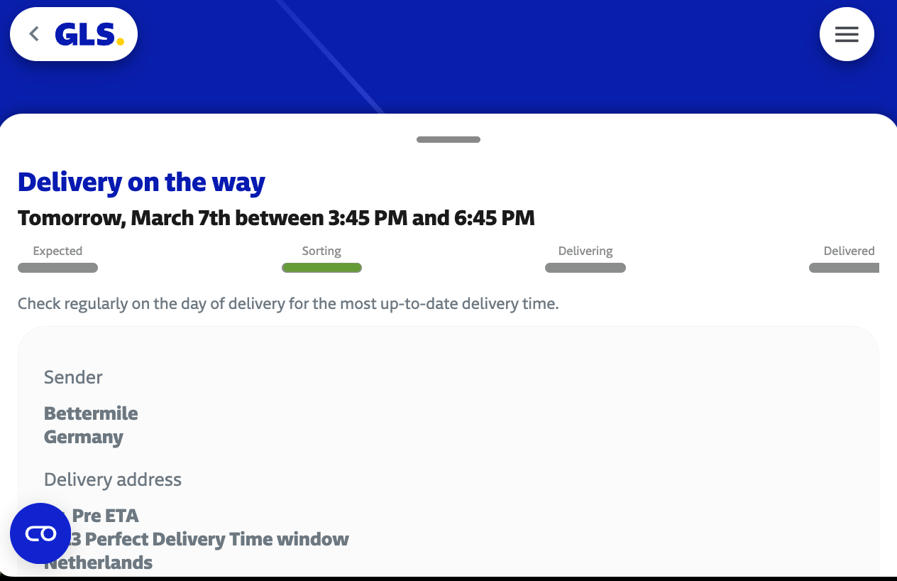 Pre-ETA recommended use case example, Information about the delivery time before the day of delivery