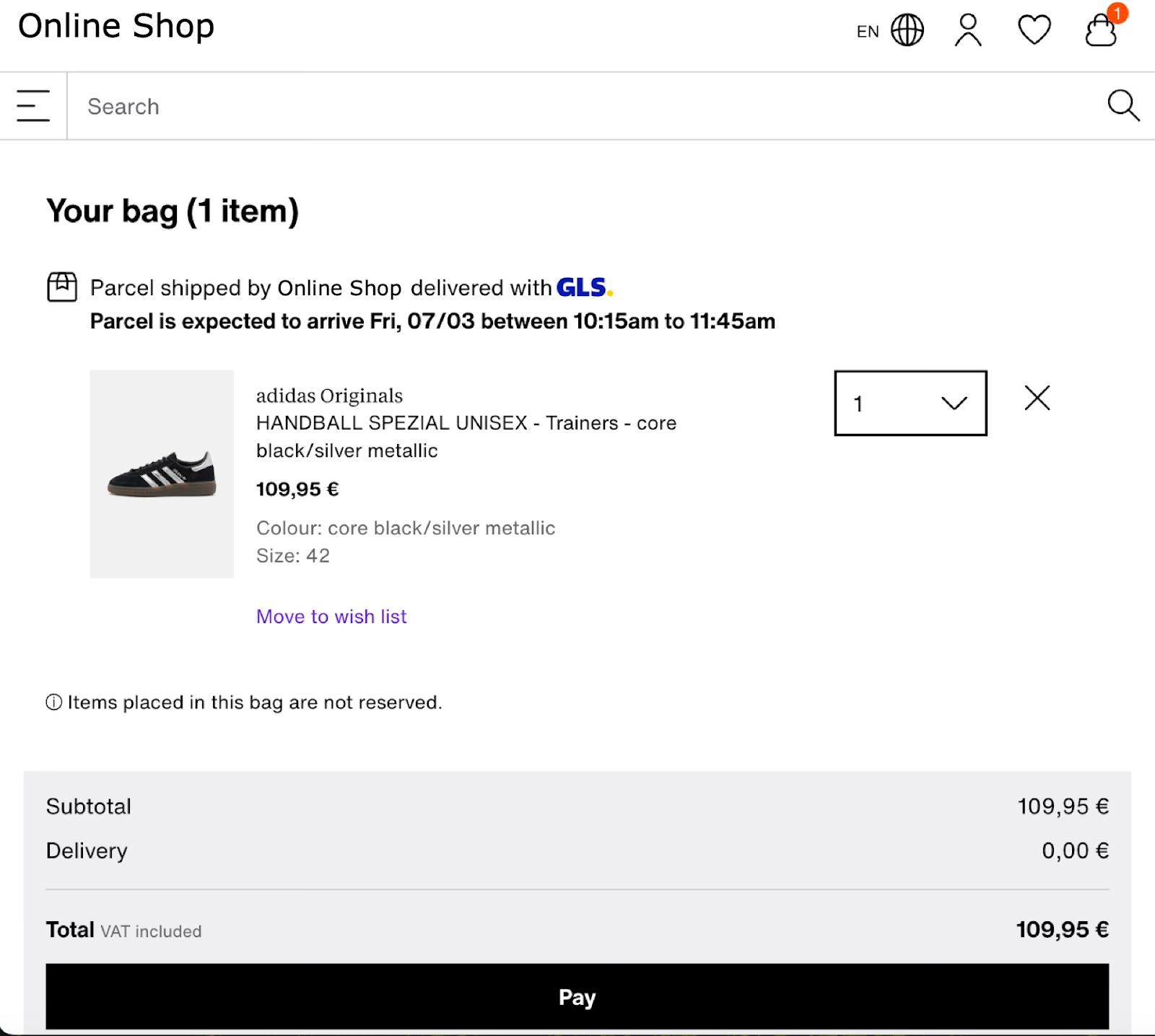 Pre-ETA recommended use case example, Information about the delivery time in the online shop checkout